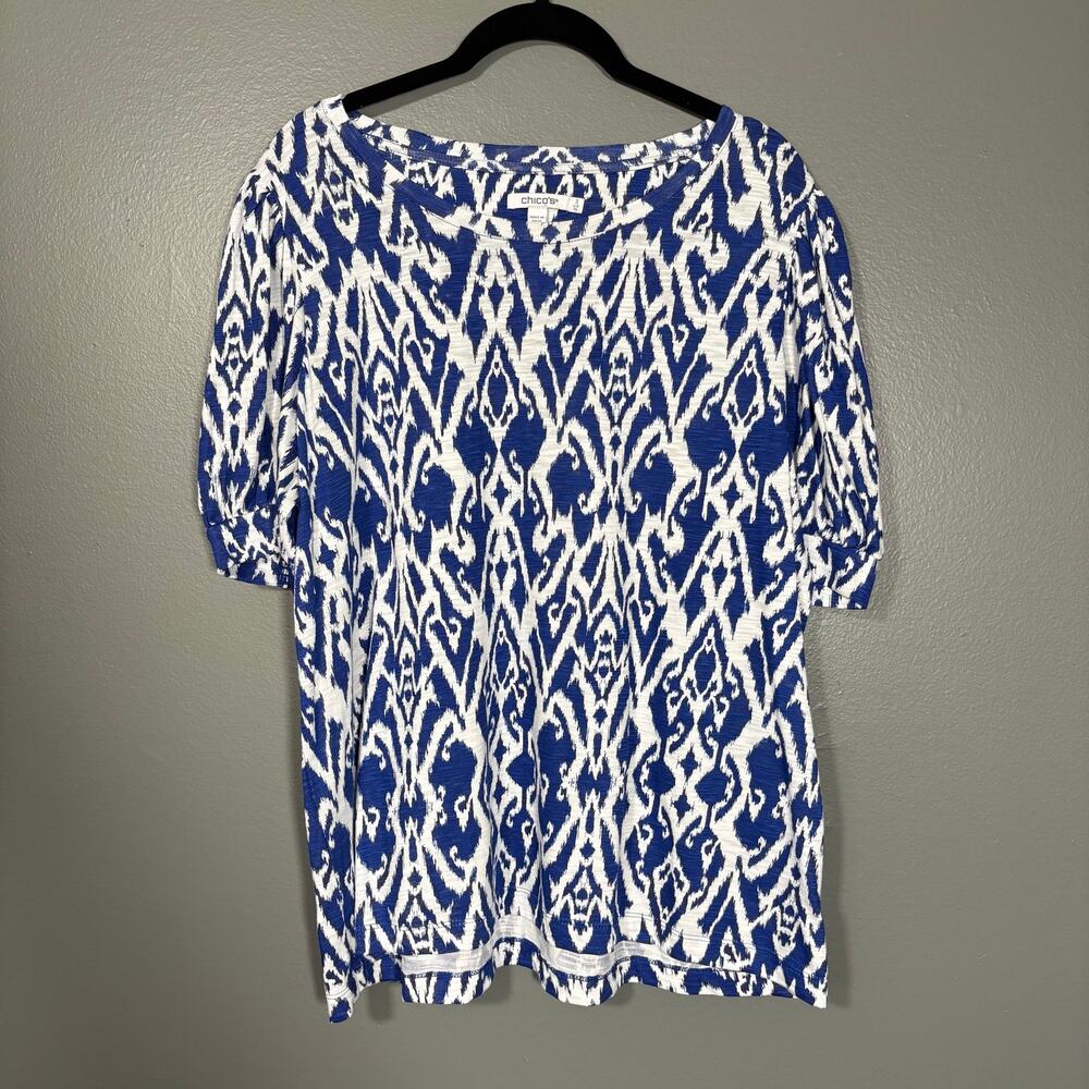 Chico's Women's Blue White Boho Ikat Pattern Top - Size 3 (XL) - Summer Casual